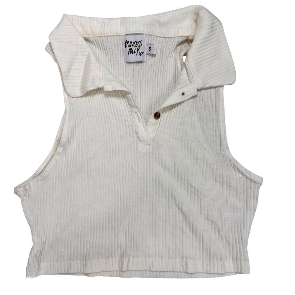 Princess Polly white ribbed collared crop tank top in a size small